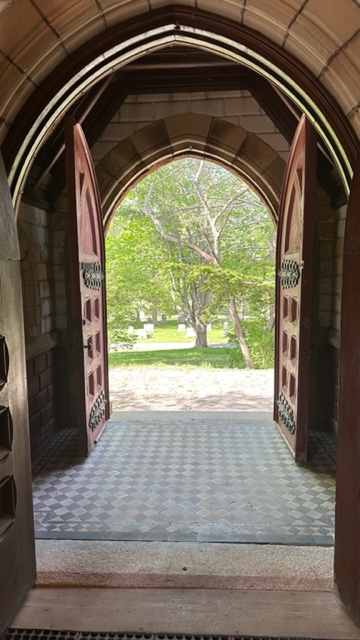 This picture was taken looking out the front doors of the Dickson Memorial Chapel over the West Slope. Please note the Fountain Pond bridge and stairs, which you can see from the chapel are also from the beneficence of Mr. Walter Scott Dickson.